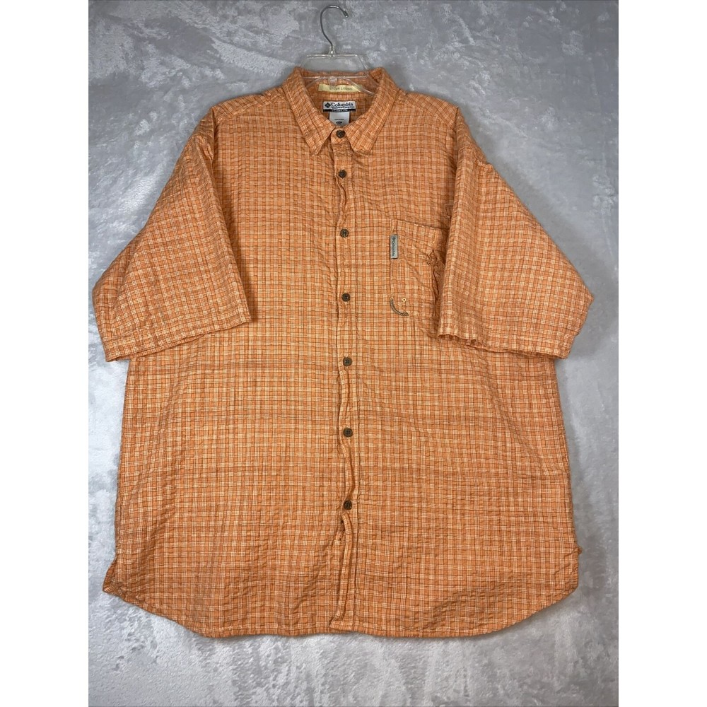 Columbia Shirt Mens Sz XXL  Orange Plaid River Lodge  Button Up Breathable Back